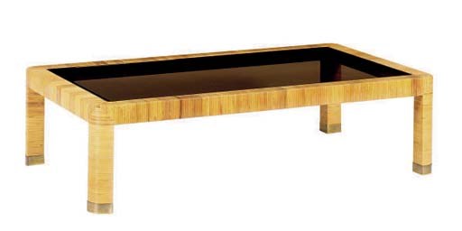 A CONTEMPORARY WICKER AND SMOKED GLASS LOW TABLE,