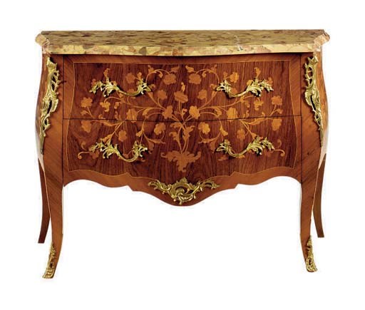 A FRENCH GILT-BRONZE MOUNTED TULIPWOOD AND KINGWOOD MARQUETRY MARBLE TOP COMMODE,