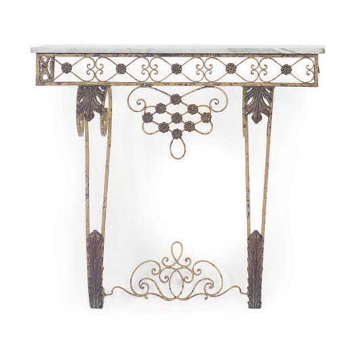 A PAINTED IRON AND GILT-METAL MARBLE TOP CONSOLE TABLE,