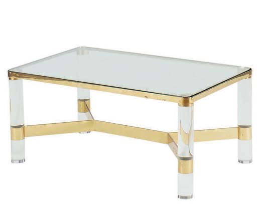 A BRASS AND LUCITE GLASS-TOP LOW TABLE,