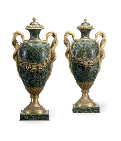 A pair of French ormolu-mounted verde antico marble vases and covers