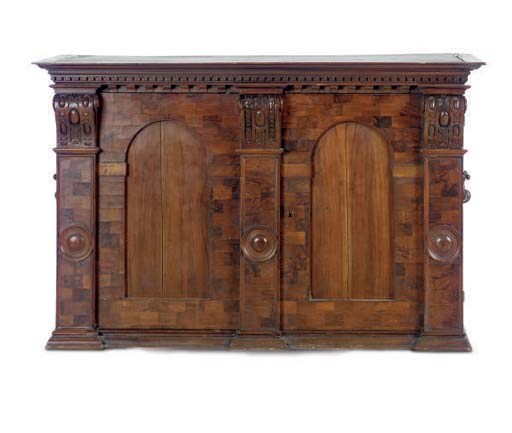 A GERMAN WALNUT AND MARQUETRY COLLECTOR'S CABINET,