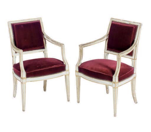 A SET OF FOUR NORTH ITALIAN PARCEL-GILT AND WHITE-PAINTED FAUTEUILS,