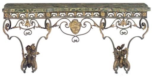 A PAIR OF CONTINENTAL PARCEL-GILT AND PATINATED WROUGHT-IRON AND APPLIED-METAL MARBLE-TOPPED CONSOLE TABLES,