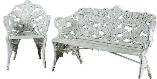 A SUITE OF COALBROOKDALE FERN AND BLACKBERRY WHITE-PAINTED CAST-IRON GARDEN FURNITURE,