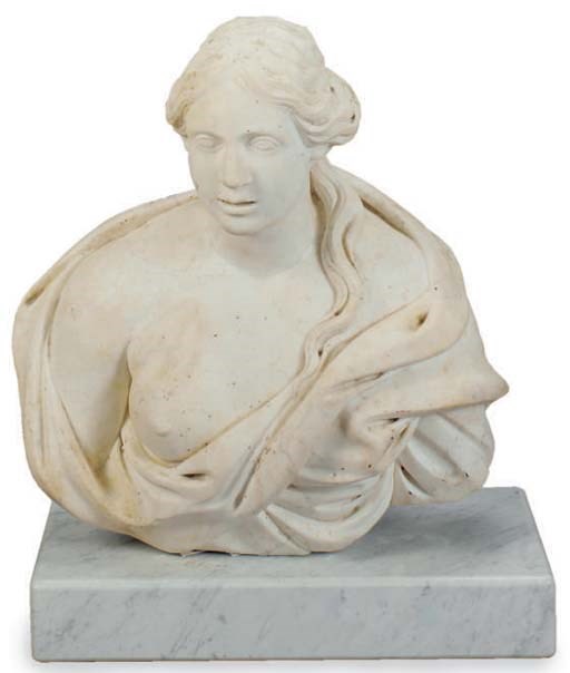 A CARVED STONE BUST OF A WOMAN,