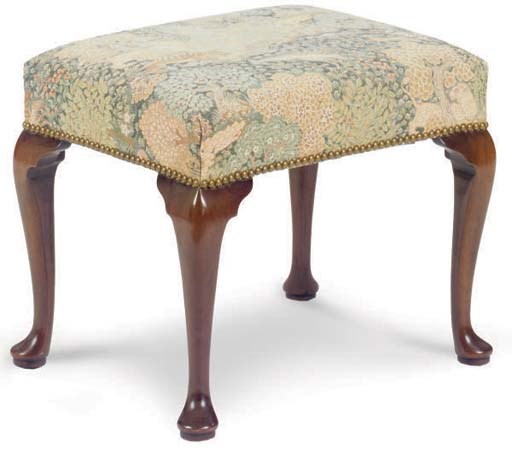 A PAIR OF ENGLISH UPHOLSTERED MAHOGANY STOOLS,
