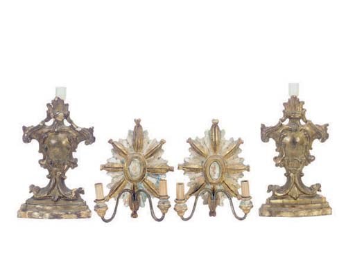 A PAIR OF ITALIAN GILTWOOD ARCHITECTURAL ELEMENTS MOUNTED AS LAMPS,