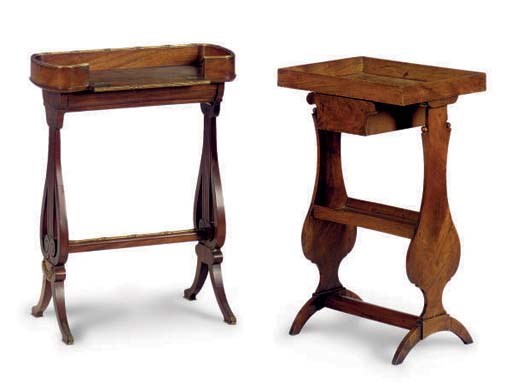 A FRENCH GILT-METAL MOUNTED MAHOGANY WRITING TABLE AND A CONTINENTAL FRUITWOOD OCCASSIONAL TABLE,