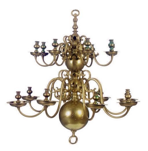 A BRASS SIXTEEN-LIGHT CHANDELIER