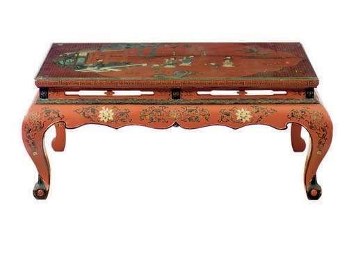 A SCARLET LACQUERED CHINOISIERE DECORATED LOW TABLE,