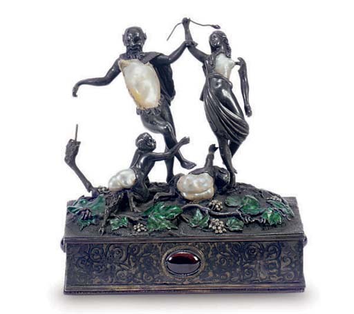 A SILVER ENAMELED AND SHELL MOUNTED BOX,