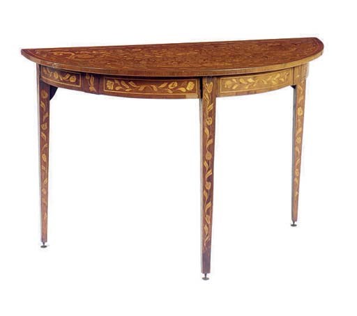 A DUTCH FLORAL MARQUETRY INLAID WALNUT DEMILUNE TABLE,