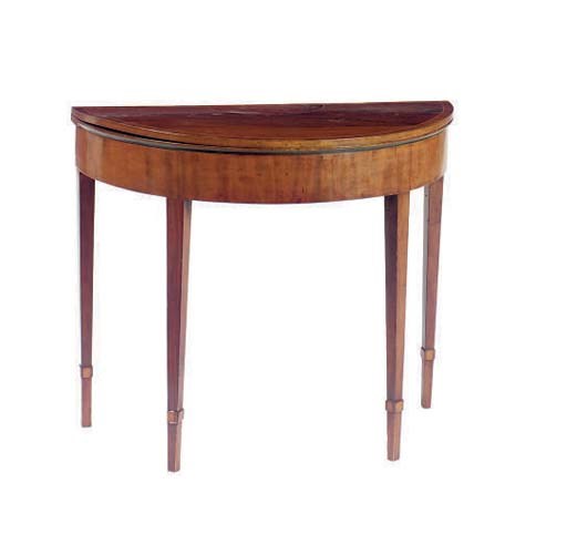 AN ENGLISH INLAID MAHOGANY FOLD OVER DEMILUNE TABLE,