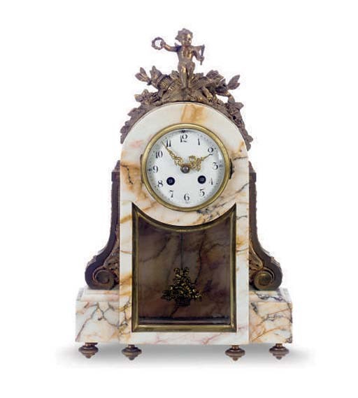 A FRENCH GILT-BRONZE MOUNTED PINK MARBLE MANTEL CLOCK,