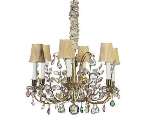 A BRASS, CLEAR AND COLOURED GLASS SIX-LIGHT CHANDELIER,