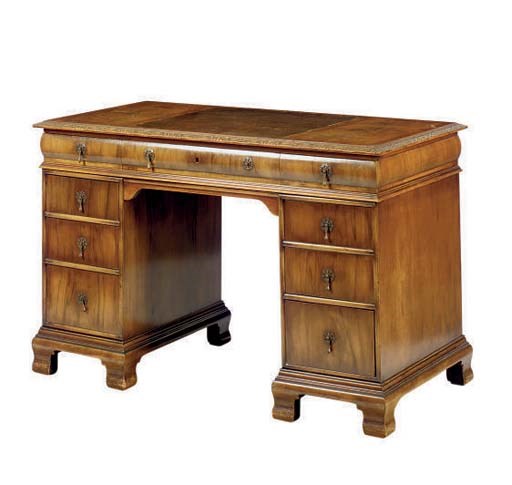AN ENGLISH WALNUT TWIN PEDESTAL DESK,