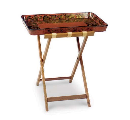 A VICTORIAN PAPIER MACHE TRAY ON LATER STAND,