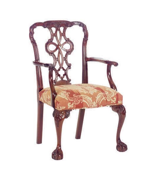 A PAIR OF ENGLISH CARVED MAHOGANY ARMCHAIRS,