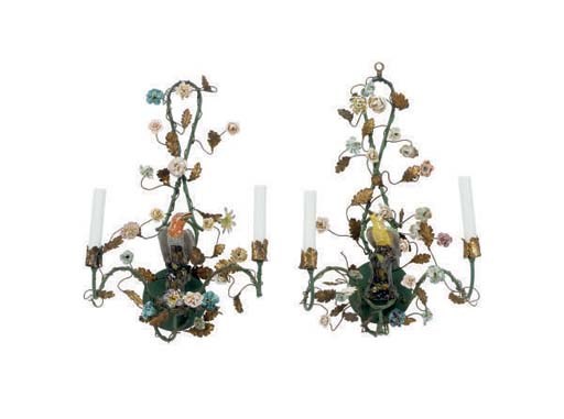 A PAIR OF PORCELAIN MOUNTED TOLE TWO-LIGHT WALL SCONCES,