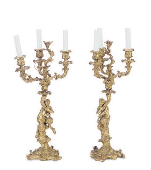 A PAIR OF GILT-BRONZE THREE-LIGHT CANDELABRA,
