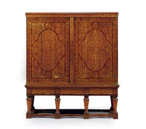 A FLEMISH WALNUT AND SEAWEED MARQUETRY CABINET-ON-STAND,