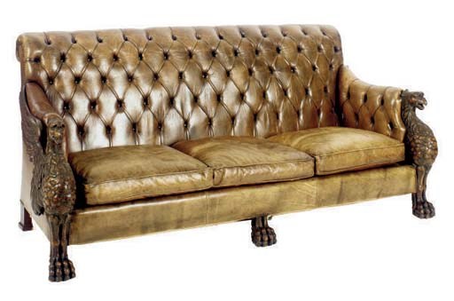 A VICTORIAN CARVED MAHOGANY TUFTED LEATHER UPHOLSTERED SOFA,