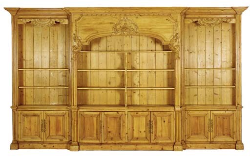 A LARGE FRENCH PINE BREAKFRONT BOOKCASE,