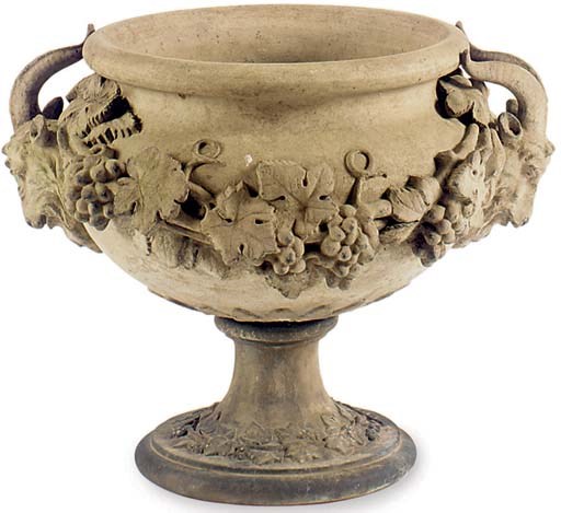 A PAIR OF EARTHENWARE GARDEN URNS,