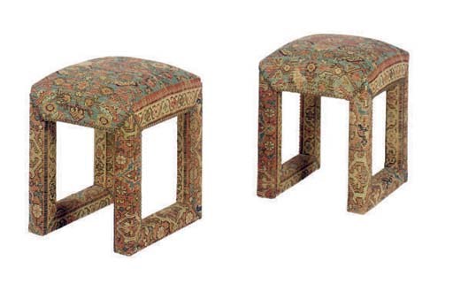 A PAIR OF KILIM UPHOLSTERED STOOLS,