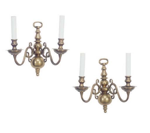A PAIR OF BRASS TWO-BRANCH WALL LIGHTS,