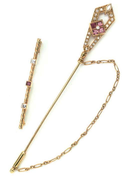A DIAMOND AND RUBY JABOT PIN AND A DIAMOND AND RUBY BAR BROOCH