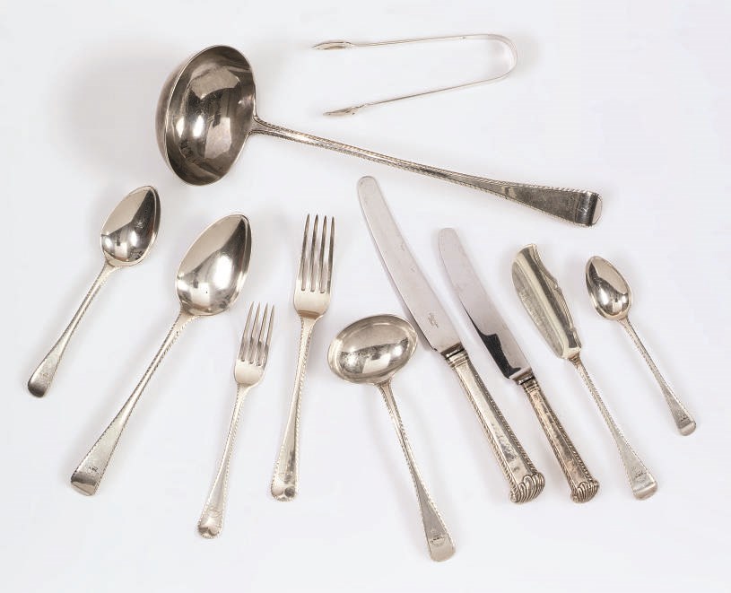 A COMPOSITE GEORGE III SILVER FEATHER-EDGE TABLE SERVICE