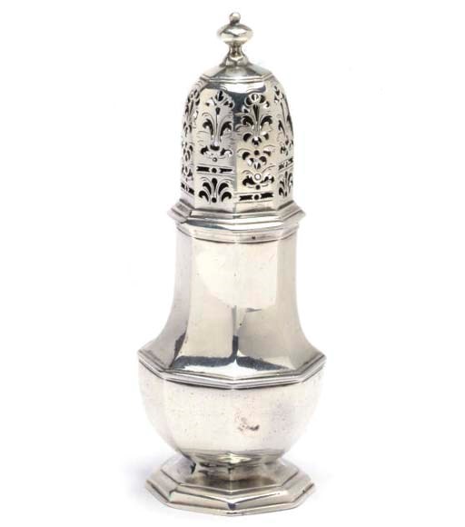 A GEORGE I OCTAGONAL SILVER SUGAR CASTER