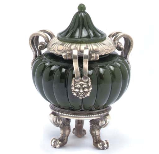 A SILVER MOUNTED NEPHRITE THREE-HANDLED POT