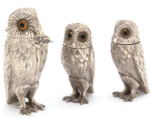 A SET OF THREE MODERN SILVER OWL CONDIMENTS