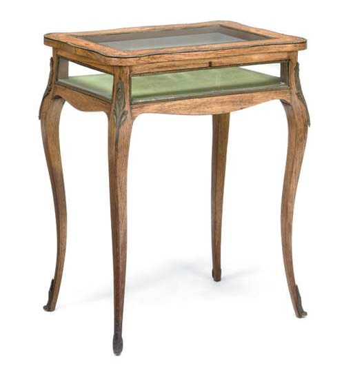 A FRENCH KINGWOOD AND FLORAL MARQUETRY VITRINE TABLE
