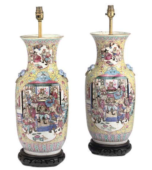 A PAIR OF CANTONESE FAMILLE ROSE VASES