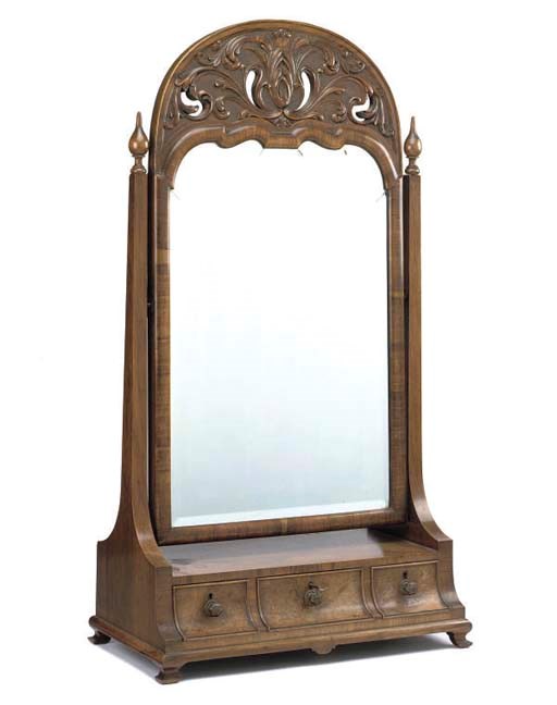 A BURR AND FIGURED WALNUT DRESSING MIRROR