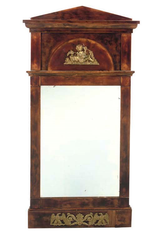 A STAINED BIRCH AND BRASS-MOUNTED MIRROR