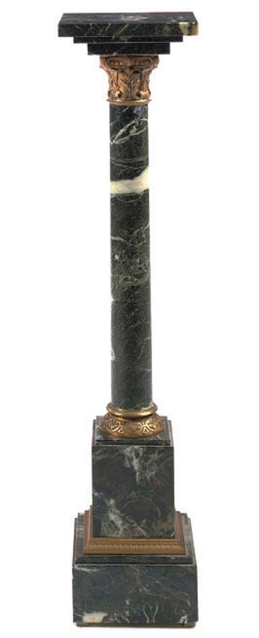 A VERDO ANTICO AND GILT-METAL MOUNTED PEDESTAL