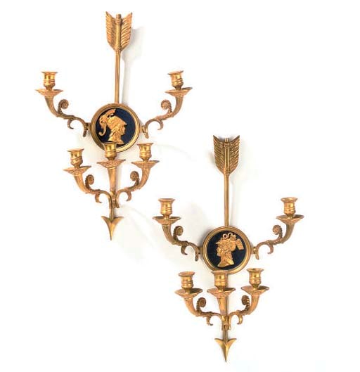 A PAIR OF FRENCH BRONZE AND GILT BRONZE WALL APPLIQUES