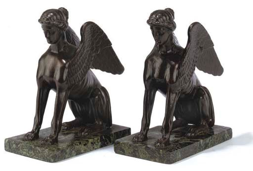 A PAIR OF FRENCH OR ITALIAN BRONZE MODELS OF SPHINX