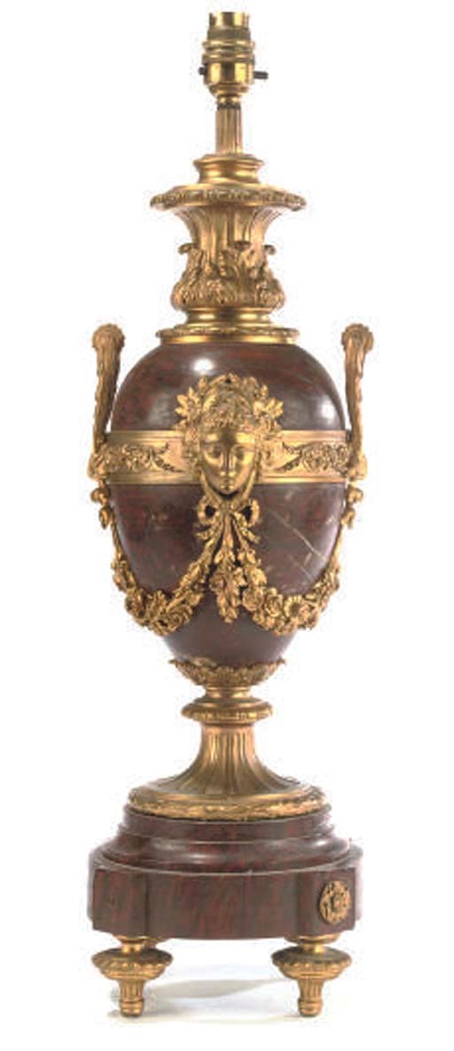 A FRENCH ROUGE GRIOTTE AND GILT BRONZE MOUNTED TABLE LAMP