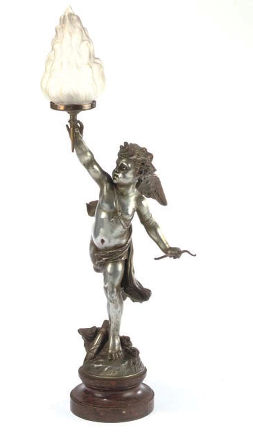 A FRENCH SPELTER TABLE LAMP IN THE FORM OF CUPID
