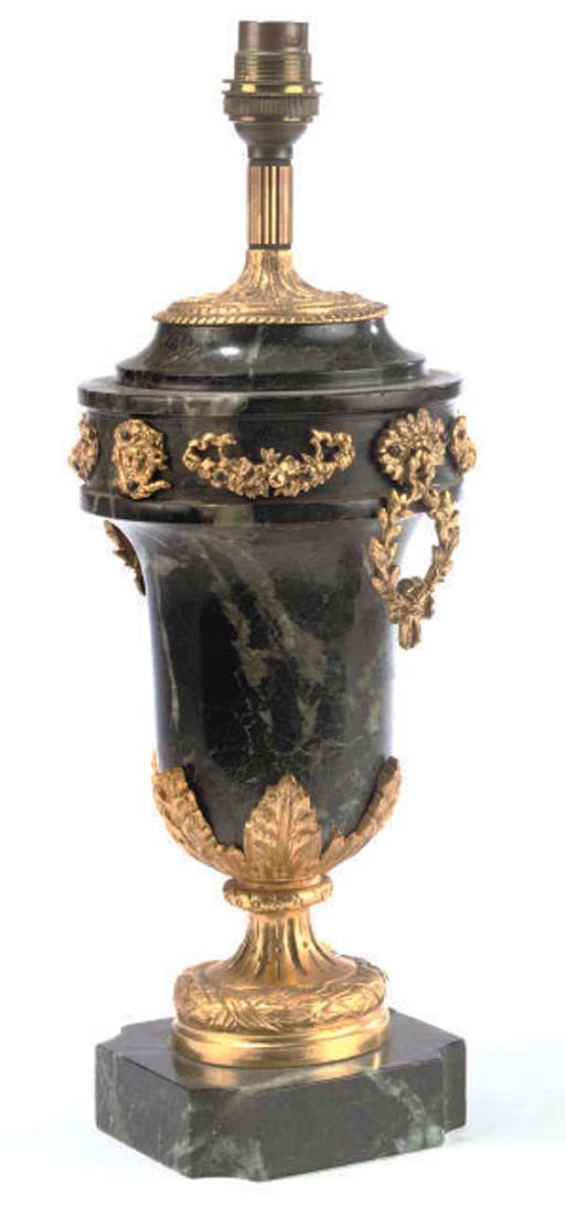 A FRENCH GREEN MARBLE AND GILT BRONZE MOUNTED TABLE LAMP