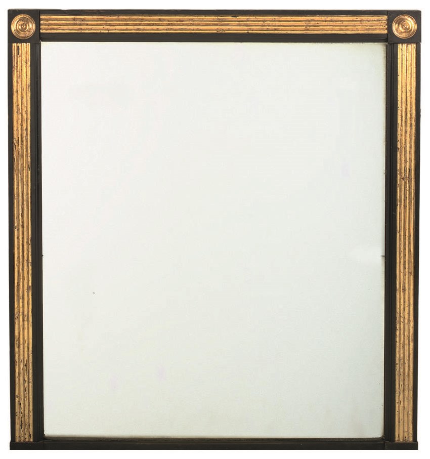 A LATE VICTORIAN EBONISED AND PARCEL-GILT OVERMANTEL MIRROR