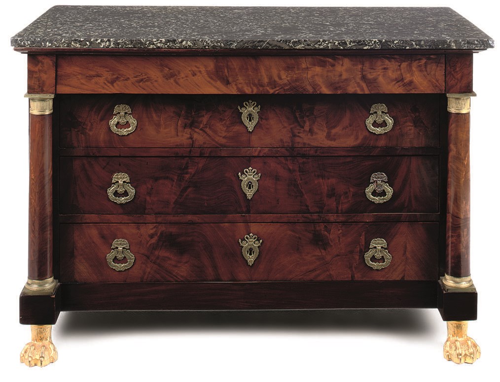 A RESTAURATION GILT-METAL MOUNTED MAHOGANY AND PARCEL-GILT COMMODE