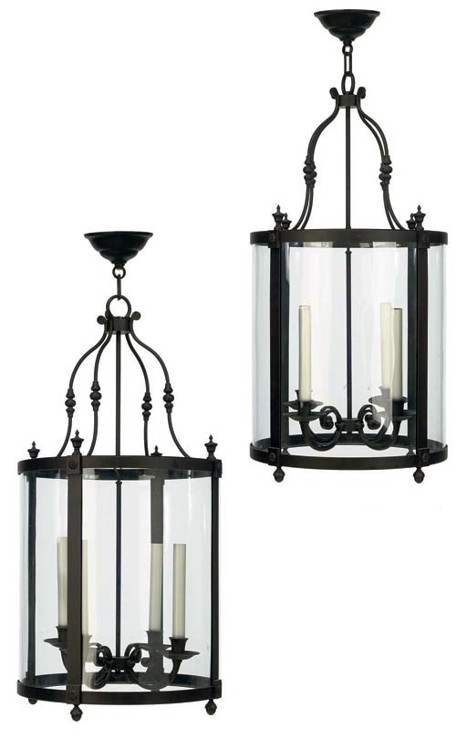 A PAIR OF WROUGHT-IRON AND GLASS FOUR BRANCH CYLINDRICAL LANTERNS