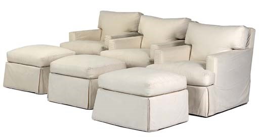 A SET OF THREE CREAM-COLOURED COTTON-UPHOLSTERED EASY ARMCHAIRS AND THREE MATCHING STOOLS